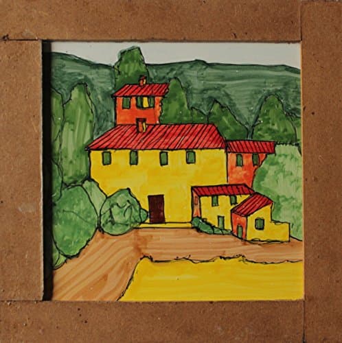 Tuscan Landscape-Ceramic tile enamelled square with frame,dimensions inch 8.1x8.2x0.7 inch,handmade .Made in Tuscany Italy, Lucca. Created by Davide Pacini.