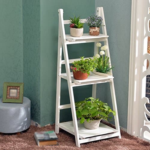 HJHY® Flower racks, Solid wood European style Simple Three layers balcony coffee shop Decorative frame living room Shelves bookshelf 41 × 34 × 106cm Corrosion-resistant, durable ( Color : White )