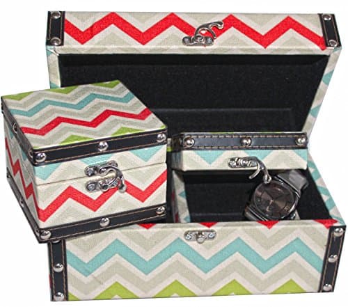 Set of Three Chevron Print Fabric Covered Trunk Boxes In Multi-Colour Patterns, Comes With Vintage Metal Rivets and Faux Leather Straps
