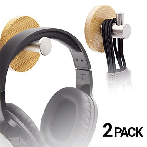 LEAPCOVER Wooden By-Desk Headphone Stand - Adhesive Data Cable Hooks - Headset Stick-on Holder with Sticky Pad for Home and Office