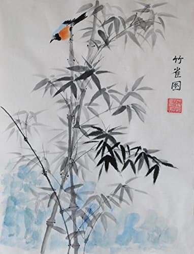 Jiangnanruyi Art Bird Tree Oridental Original Hand Painted Artwork Unframed Chinese Brush Ink and Wash Watercolor Painting Drawing Decorations Decor for Office Living Room Bedroom (20×15inch, Bamboo&Sparrow)