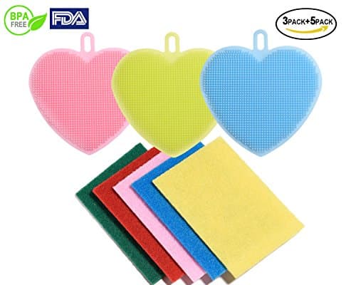 Food Grade Silicone Dish Scrubbers Antibacterial Brushes Multi-purpose Cleaning Brushes Kitchen Sponges for Washing Glass Bottle Pot Pan Fruit and Vegetable 8 Pack (8 Pack heart shape in multi-color)