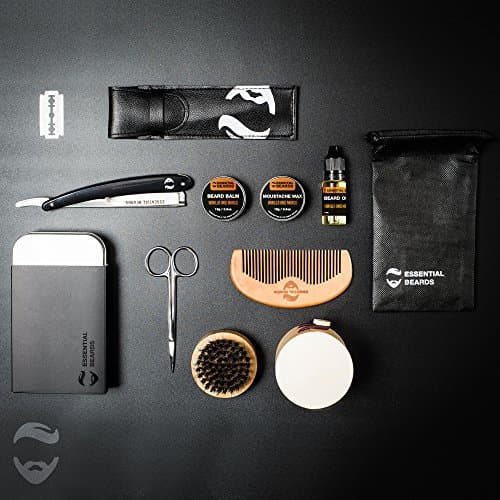 Beard Grooming Kit For Men | Gift Set Beard Balm, Moustache Wax, Beard Oil, Cut Throat, Barber Scissors, Wooden Comb and Beard Brush, Tin included 6A XXL KIT by Essential Beards (vanilla and mango)