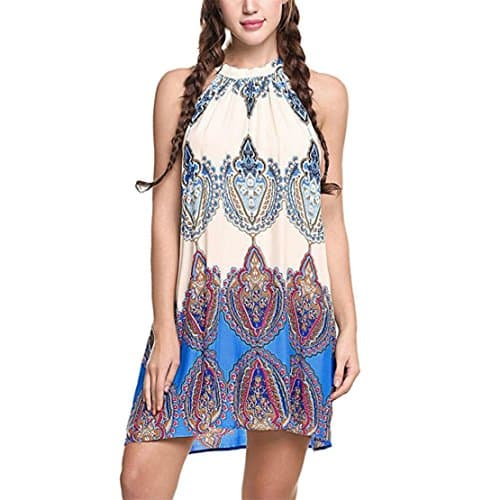 Bringbring Womens Sleeveless Halterneck Boho Mini Dress