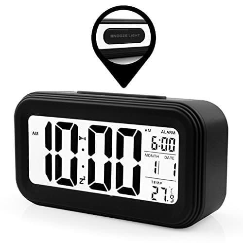 VOCC® Battery Operated Digital Alarm Clock With Extra Large Display, Snooze, Date display, Temperature and Smart light (Black 1)