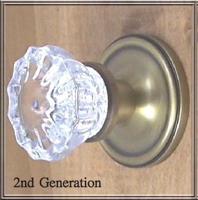 Affordable Do-It-Yourself Kit Fluted Depression Crystal Passage Door Knob Set. Modern self-connecting rosette/backplates, A duplicate of the Early American Crystal Door Knob set for Modern Interior doors. ANTIQUE BRASS (PASSAGE 2-3/8 backset-) by RoussoUSA