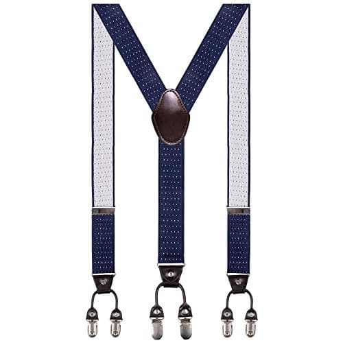 Men Braces 35mm Standard Adjustable and Elastic Suspenders Y Shape with 6 Strong Clips - Heavy Duty Dark Blue Dot
