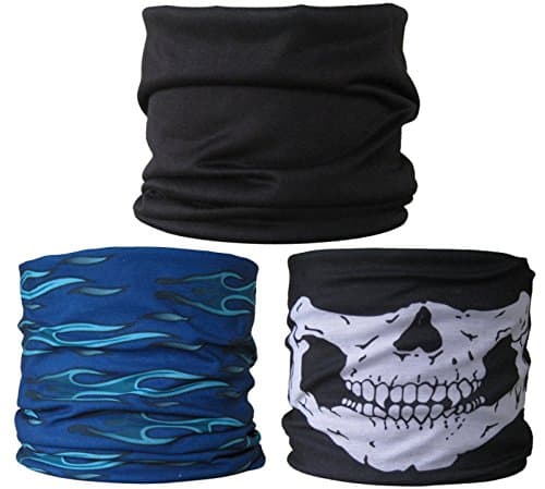 (3 PACK) Multifunctional Headwear...Plain Black / Blue Flames /Skull Jaw