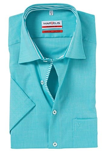 MARVELIS Mens Slim Modern Fit Non Iron Pure Cotton Short Sleeve Shirt Turquoise Textured Spread Collar 44/17.5"