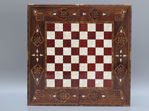 Chessgammon TRAVEL BACKGAMMON SET INCLUDING BOARD AND PIECES HELENA HANDMADE SOLID WALNUT WOOD INLAID MOSAIC INSET MOTHER OF PEARL INSET VERTIGO 20" - A1