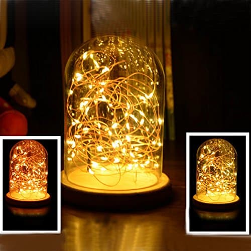 Glass Dome Lamp Bell Jar Light Bamboo Base USB Power with Fairy Starlight LED Light String Bedside Table Lamp Suitable for Bedroom,Livingroom Decoration (warm yellow)