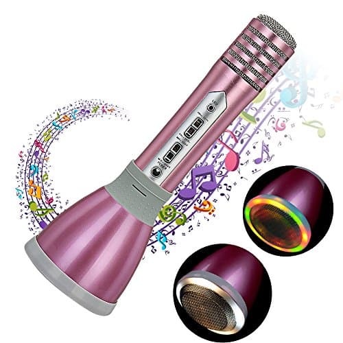 Karaoke Microphone, Bluetooth Speaker Player Cordless Microphone Handheld Karaoke Mic with LED For Music Singing Voice Recording Home KTV Compatible with Apple iPhone Android Smartphones Pink