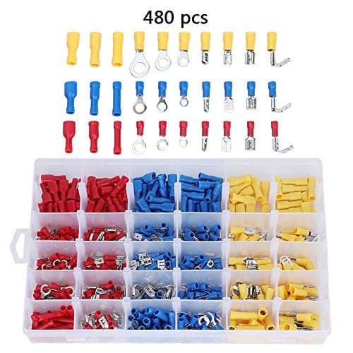 ValueHall 480pcs Wire Copper Crimp Connectors, Thicker Insulated Electrical Heat Shrink Crimp Terminals, Cold Pressing Ring Terminals, Bullet Male & Female Terminals, Butt Splice, Piggy Back, Spade Terminals with Portable Storage Box V7003-3