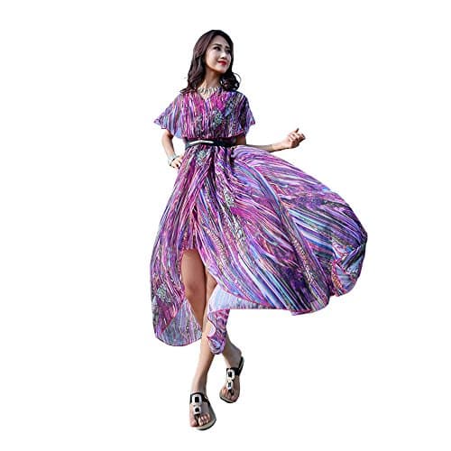 Years Calm Womens Beach Vacation Split Irregular Stripe Chiffon Long Dress (One Size, Purple)