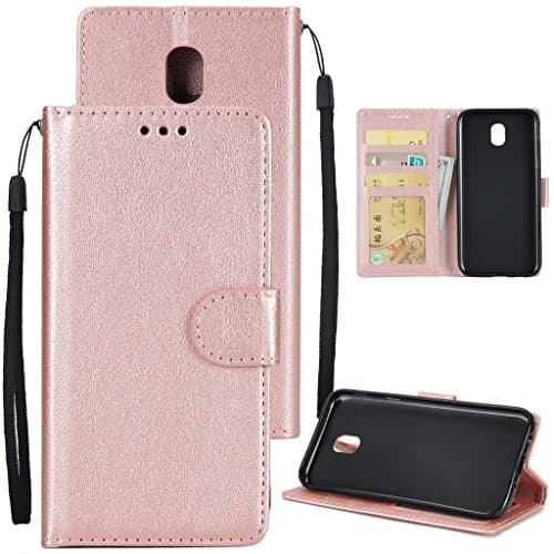 Samsung Galaxy J330/J3 2017 Wallet Leather Case Cover -MOONESS(TM) Embossing Fashion Floral Countryside PU Leather Magnetic Flip Cover Card Holders & Hand Strap Case(RoseGold)