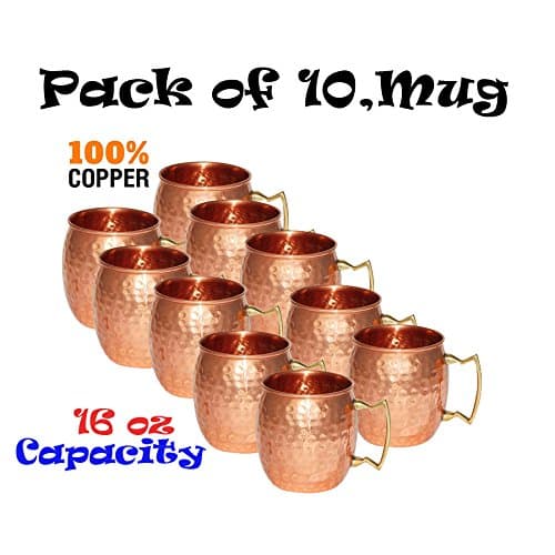 Solid Copper Moscow Mule Mug - Set of 10 Mugs - No Lining - 100% Pure Copper - Hammered Type Copper Mug - 45 cL Capacity - Great for Any Chilled Beverage! Brilliant for Entertaining & Your Home Bar Cart! Unique Barware Gifts for Women & Men (10 Mugs)