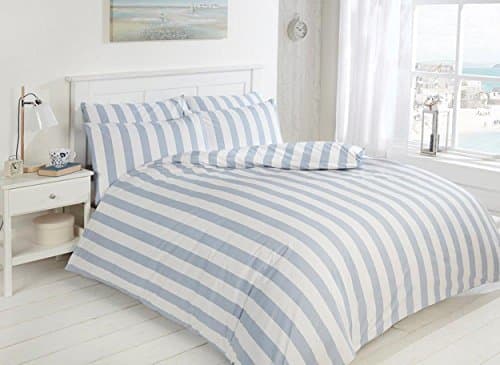 EASY CARE Morley Stripe Bed Set, Blue and White, Luxury 200tc Duvet and Pillowcase (Double)