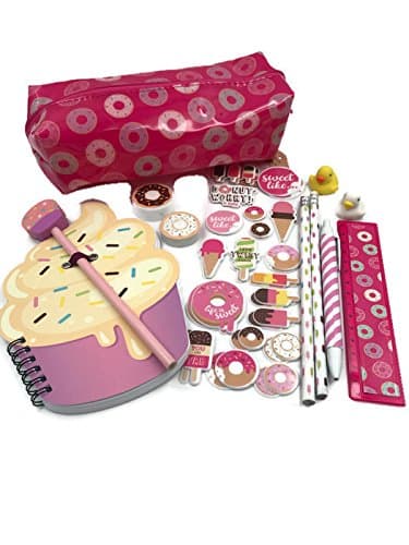 A Unique 13 Piece Stationery Set Bundle With A Cup Cake Shaped A5 Pocket Notebook, A Large Donut Pencil Case, 2 Sheets of Donut Stickers, Donut Shaped Rubber & Pencil Sharpener, 2 X Pencils, Pen & Ruler with 2 X 3D Duck Erasers. Supplied By The Sweetest Peas