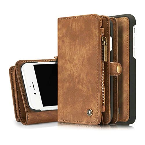 LuxProtech iPhone 7 Case Premium Leather Flip ShockProof Wallet / Purse & Magnetic Detachable Case - Flip Wallet Purse & Leather Cover / Case for iPhone 7 (LP004-IP7) (Light Brown)