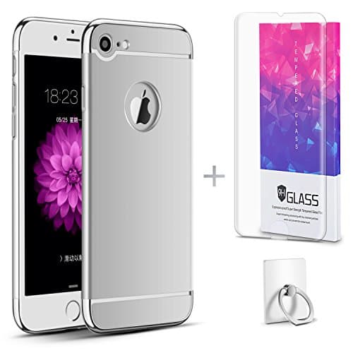 Hanglong 3 in 1 Full Protective Phone Case with Electroplate Frame For iPhone 7 (with one Tempered Glass Screen Protector)-Silver
