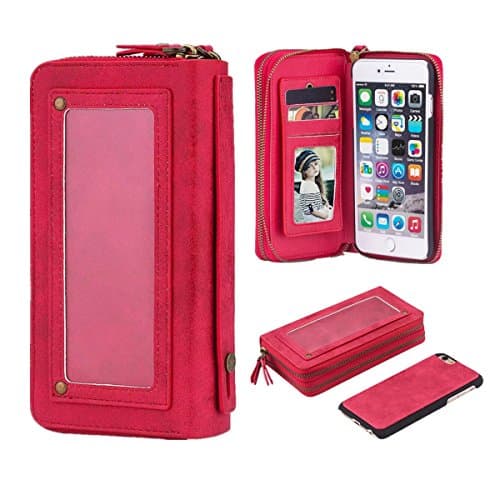 Case for Apple iPhone Detachable Wallet Cover with Mirror Wrist Strap Magnetic Slim Dual Zipper Pouch Folio Flip Leather Holster Card Slot Holder Case (Red, For iPhone 7/8 (4.7"))