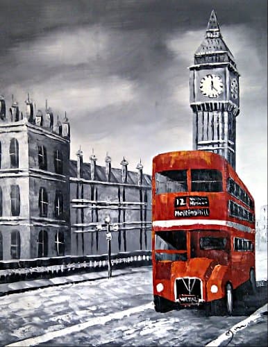 Old London red route master bus and Big Ben. Fine Art oil on canvas painting - Superb quality and craftsmanship, hand made wall art