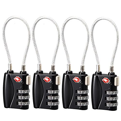 TSA Approved Luggage Lock Cable Travel Locks, Re-settable 3-Digit Combination Padlock for Backpack, Suitcases Bag School Gym Locker ( Pack of 4 )
