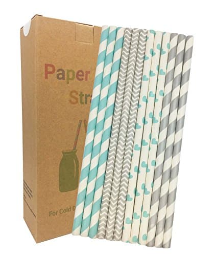 Straws Paper Biodegradable 100 Pcs Drinking Novelty Decorations for Party Birthday Wedding Baby Shower Valentine in Blue N Sliver