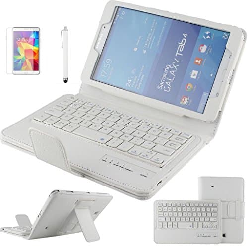 Continu® White Bluetooth Keyboard (QWERTY) Litchi Grain PU Leather Protective Case with Support Function Wireless Detachable Bluetooth Keyboard Stand Case Cover for Samsung Galaxy tab 4 8.0 inch SM-T330/ T331/ T335 + 1x Free Screen Protector + 1x Free Touch Pen--White