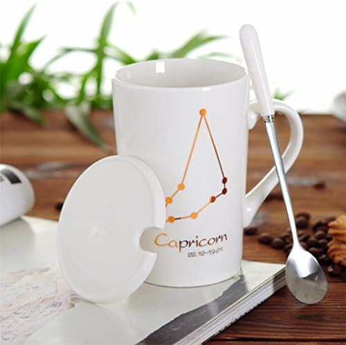 Coffee cup Lanpangzi gift cup for constellation fans Ceramic cup with a spoon and a cup cover ,a white mug - Capricorn