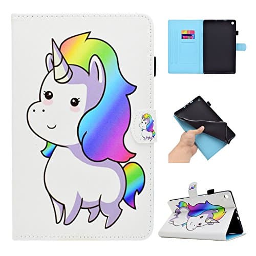 Case for Kindle Fire HD 8 Tablet, GSWAY Thinnest Lightest Folding Stand PU Leather Cover with Auto Sleep / Wake & Anti-Slip for Amazon Kindle Fire HD 8 2018/2017/2016 - Colorful Unicorn