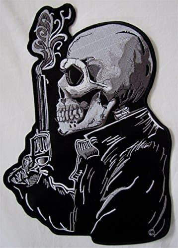 Extra Large Rare Skeleton Skull With Pistol Motorcycle Biker Sew On Badge Patch