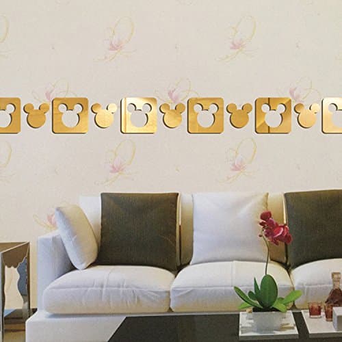 Square Cut Out Cartoon Mickey Mouse Mirror Stickers Wall Decal For Kindergarten Baby Children's Room Deco,12pcs/lot (Gold)