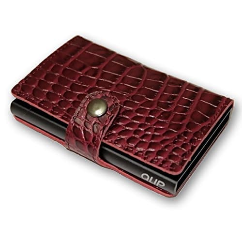 Slim Genuine Leather Tri-Fold Wallet Card Holder with RFID Protection by QLIP (Red)