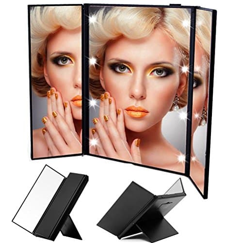 MAXPRETTY 3-folds Handheld Mirror for Make up Portable Design with Illuminated LED Lights(battery included)