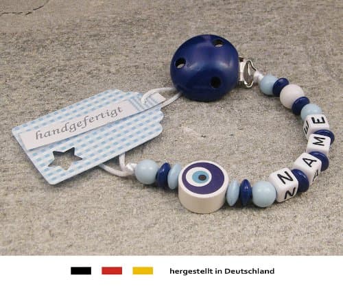 Personalised Baby Dummy Clip | Pacifier Holder with preffered Name – Boys Motif Eye of Nazar | Beststeller from Germany