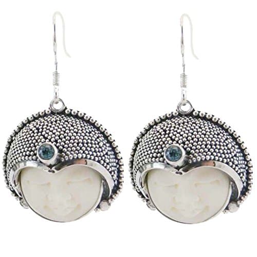 kaskote- Earrings in Silver 9.25 and Bone Hand Carved. Recorded in Filigree. Blue Topaz Stone.