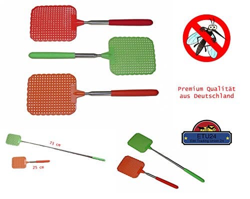 3x fly swatter, 2017, different colors, premium telescopic fly swatter with telescopic handle, fly trap, fly catcher, mosquitoes swatter, length 25 cm, extendable to 73 cm, ETU24 from Germany.