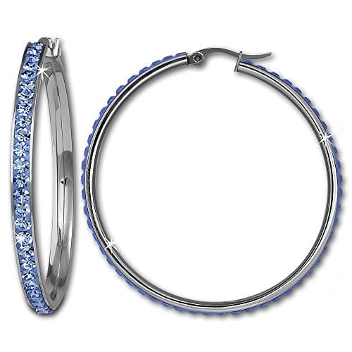 Amello Stainless Steel earring hoops round with Swarovski Elements light blue - diameter 50mm - Woman earrings - Stainless Steel creole ESOS05H