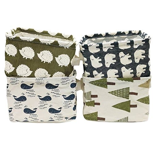 Ailina Small Baby Linen Storage Organizer Sets Single Layer Water-Proof Fabric Storage Basket Organiser with 2 Handles on Both Sides 20.5x17x15cm -Sets of 4(Polar bear+Hedgehog+Whale+Forest) (Animals)