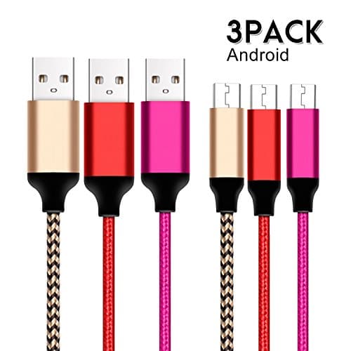 Micro USB Cable, FoolerHome 3 Pack 1ft/24cm Nylon Braided Extremely Durable Micro USB Cable High Speed USB 2.0 A Male to Micro B Sync and Charging Cables (Gold Red Pink)