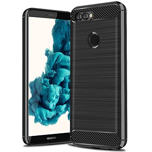 UOJGOH Huawei P Smart Case, Shock Absorbing Rugged Armor Scratch Resistant Silicone Case with Carbon Fiber Design Protective Cover for Huawei P Smart (Black)
