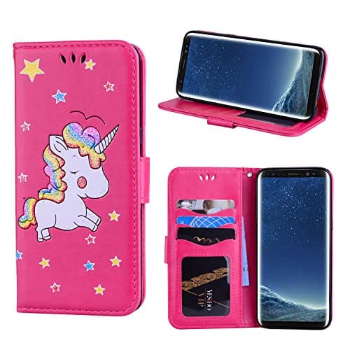 StarryON Samsung Galaxy S8 Case Kickstand Flip Wallet Case, Lovely Cartoon Unicorn Pattern Case PU Leather Cover Credit Card Slot Screen Protector Handy Cash Pouch Phone Sock-(Rose)