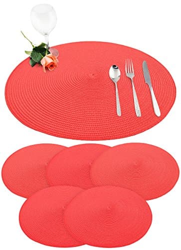 Kitchen Trends Round Jacquard Weaved Non slip Woven Ribbed Table Placemats Black Red Silver Cream Latte Modern Design 38cm Diameter (Red, Pack of 6)