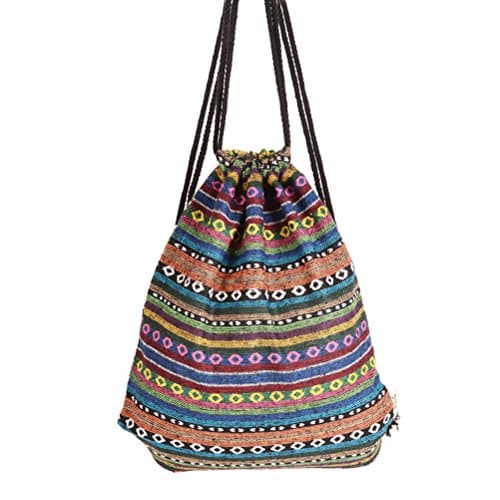 Yiuswoy Boho Style Fabric Linen Drawstring Backpack Lightweight Gymsack Sports Bag PE Bag Swimming Bags Canvas Drawstring Rucksack - Model D