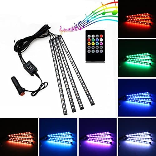 Car LED Strip Light,Giftorld 4 PCS 48 LED DC 12V Multicolor Car Interior Music Light Underdash Lighting Kit with Sound Active Function and Wireless Remote Control Including Car Charger