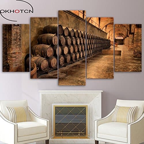 Include framed Canvas Painting Living Room Wall Art Poster Frame Modular HD Printed 5 Pieces Decor Pictures Wine Cellar Barrels Photo ,Size 1