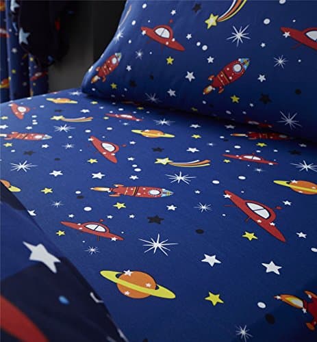 SPACE ROCKETS PLANETS STARS BLUE SINGLE 90CM X 190CM + 25CM COTTON BLEND FITTED SHEET