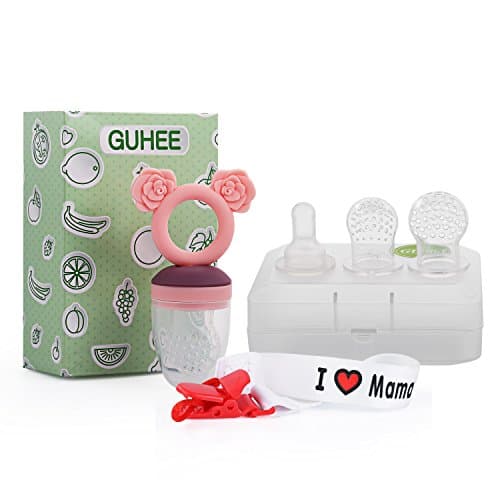 Fresh Food Feeder GUHEE Baby Soft Bite Pacifier Safe Silicone Teether Toys Nibbler Fruit Feeder Feeding Teething Nipple 2 Extra Nipples for Babies & Kids & Toddlers