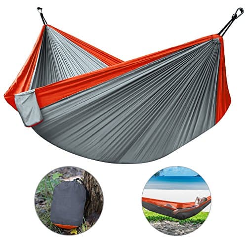 Camping Hammock, Htld Double Hammock Lightweight Portable Nylon Hammock for Backpacking, Hiking, Camping,Survival Travel, Beach Yard with adjustable Tree Straps & Steel Carabiners (Orange+Gray)